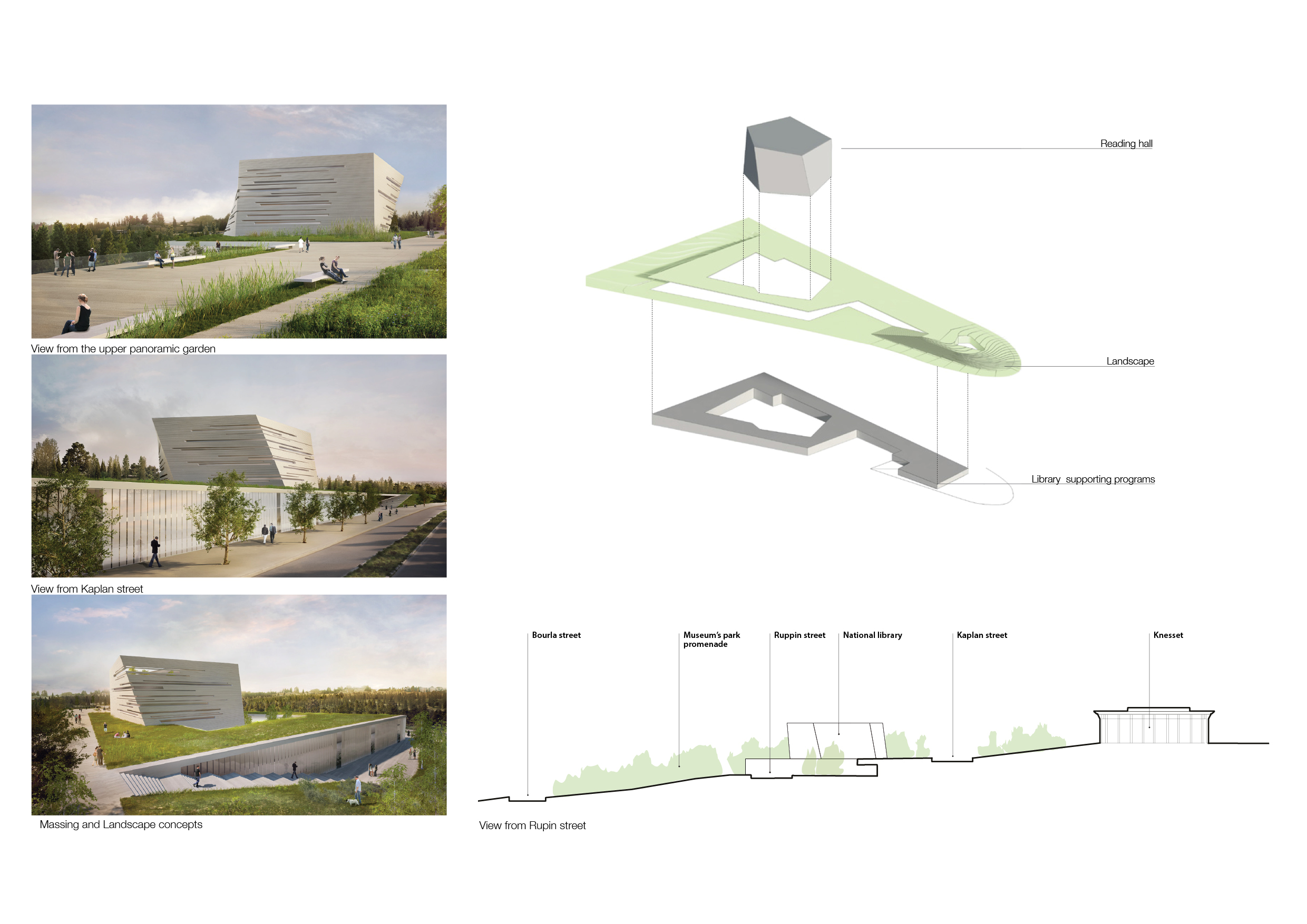 Massing, landscape concept diagrams, and exterior views