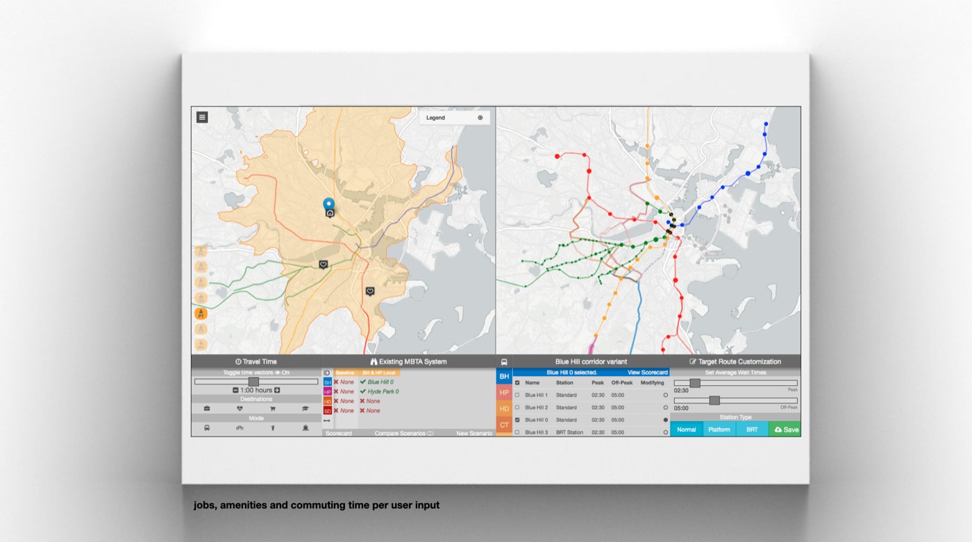CityVU interface showing Boston travel-time access and transit route scenarios