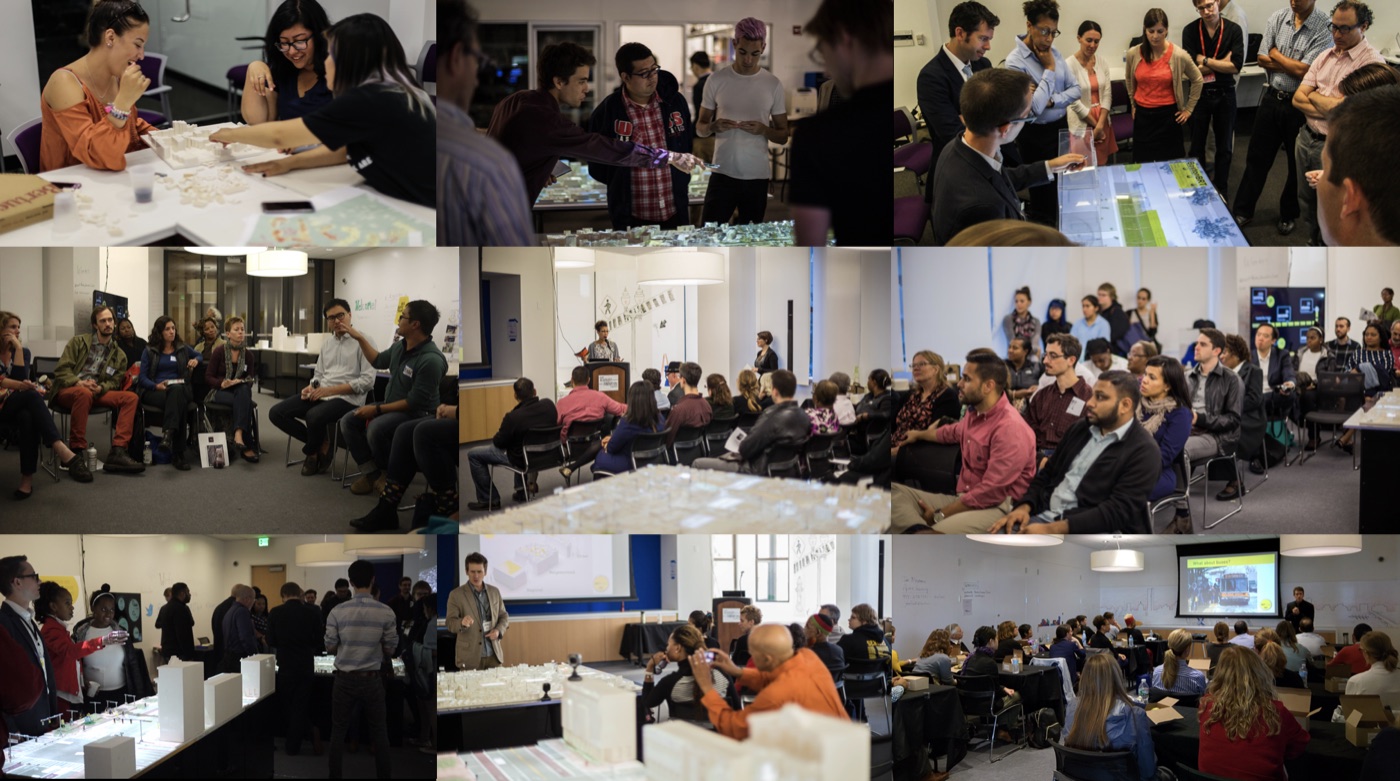 Collage of BRT workshops with participants using interactive physical models and attending presentations