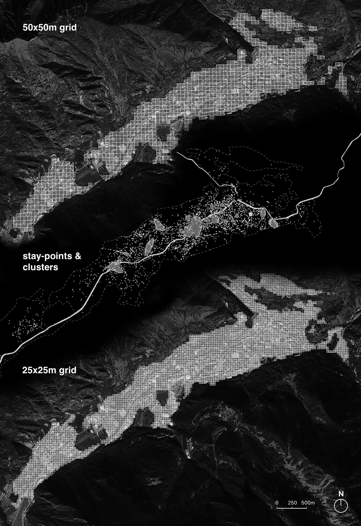 Stay-points and clusters mapped across 50 by 50 meter and 25 by 25 meter grids