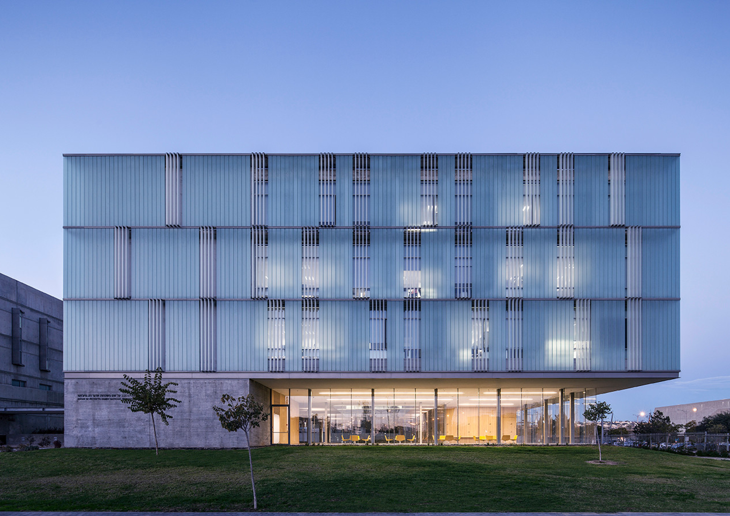 NIBN completed facade at dusk